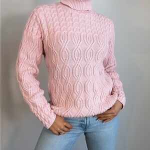 Vintage Light Pink Cable Knit Turtleneck Sweater